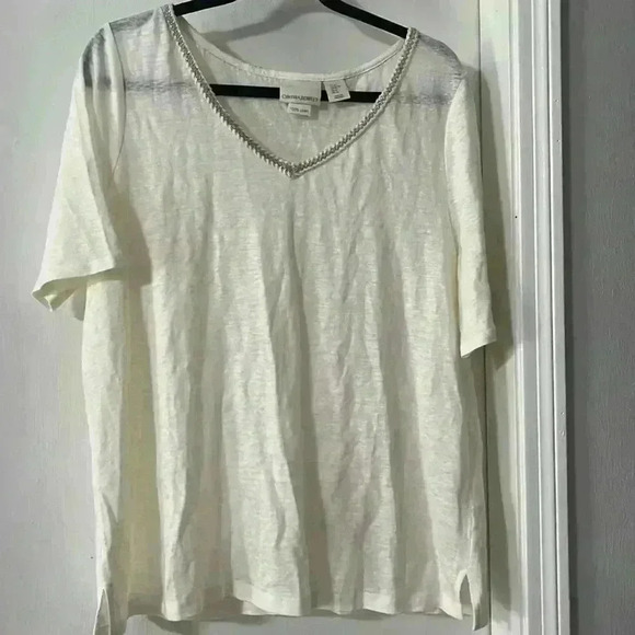 Cynthia Rowley Women's T-Shirt Slub Linen Braided V-Neck - Picture 1 of 10